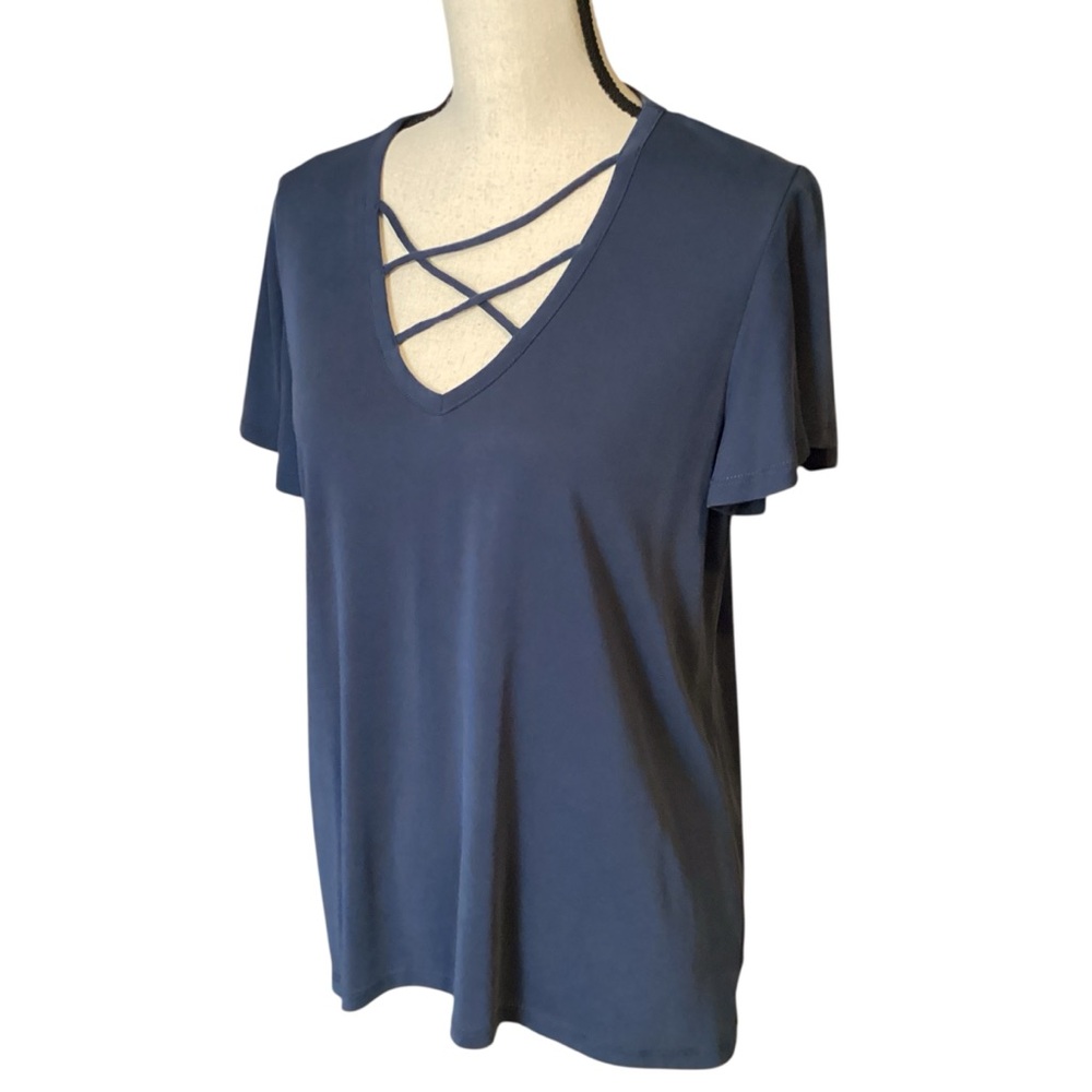 Coin 1804 Navy Blue Flutter Sleeve Caged V Neck Top Size Medium NEW‎